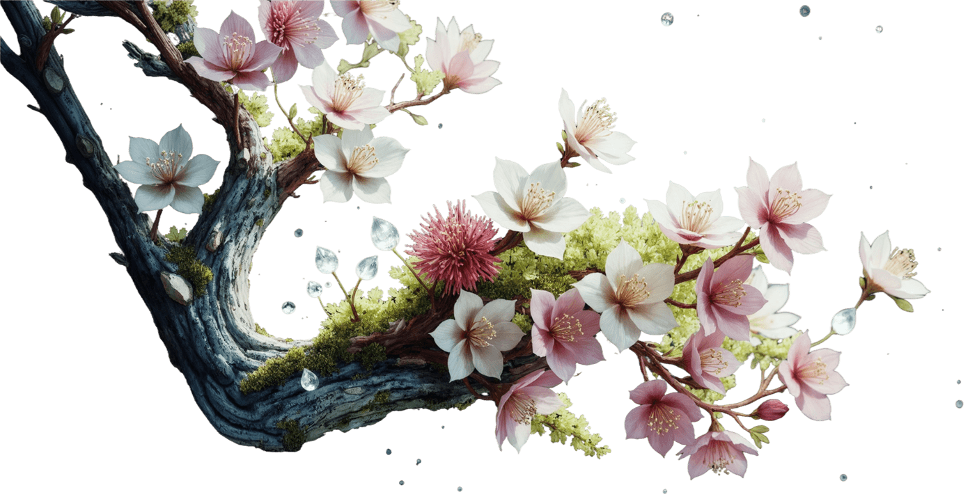 Pink and white blossoms on a moss-covered tree branch