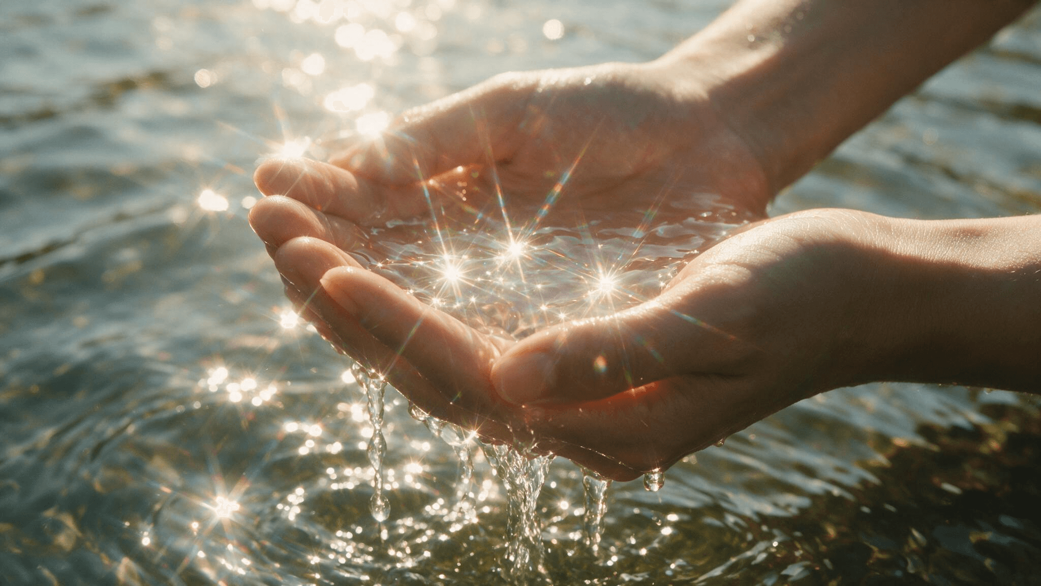 Hands holding clear water sparkling in sunlight