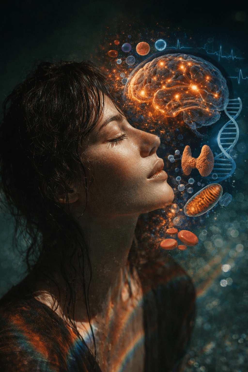 Photorealistic young adult face (male or female) in natural lighting, set against a green birch forest background. Subtle biological elements—neural pathways, glowing brain structures, hormone molecules, mitochondria, DNA strands, and red blood cells—are integrated around the head, illustrating the connection between mental health and biological systems. The composition is professional, calm, and cohesive, suitable for an editorial article on integrative mental health.