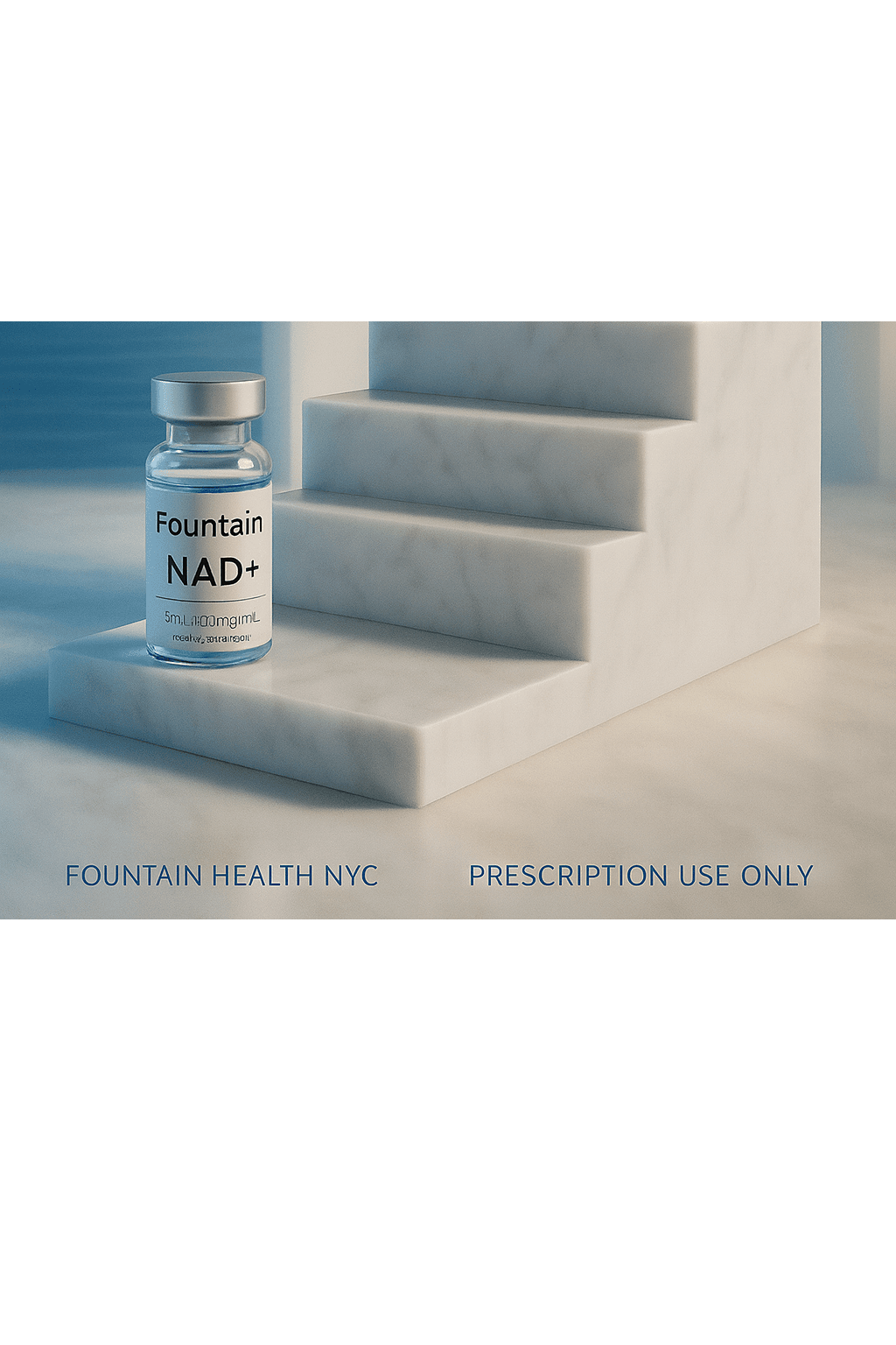 Elegant display of NAD+ prescription medication on marble steps, with water reflections under curved arches in the distance.
