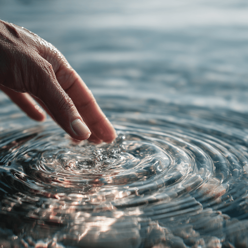 A human hand lightly touching the surface of deep blue water, creating gentle concentric ripples, symbolizing renewal and healing