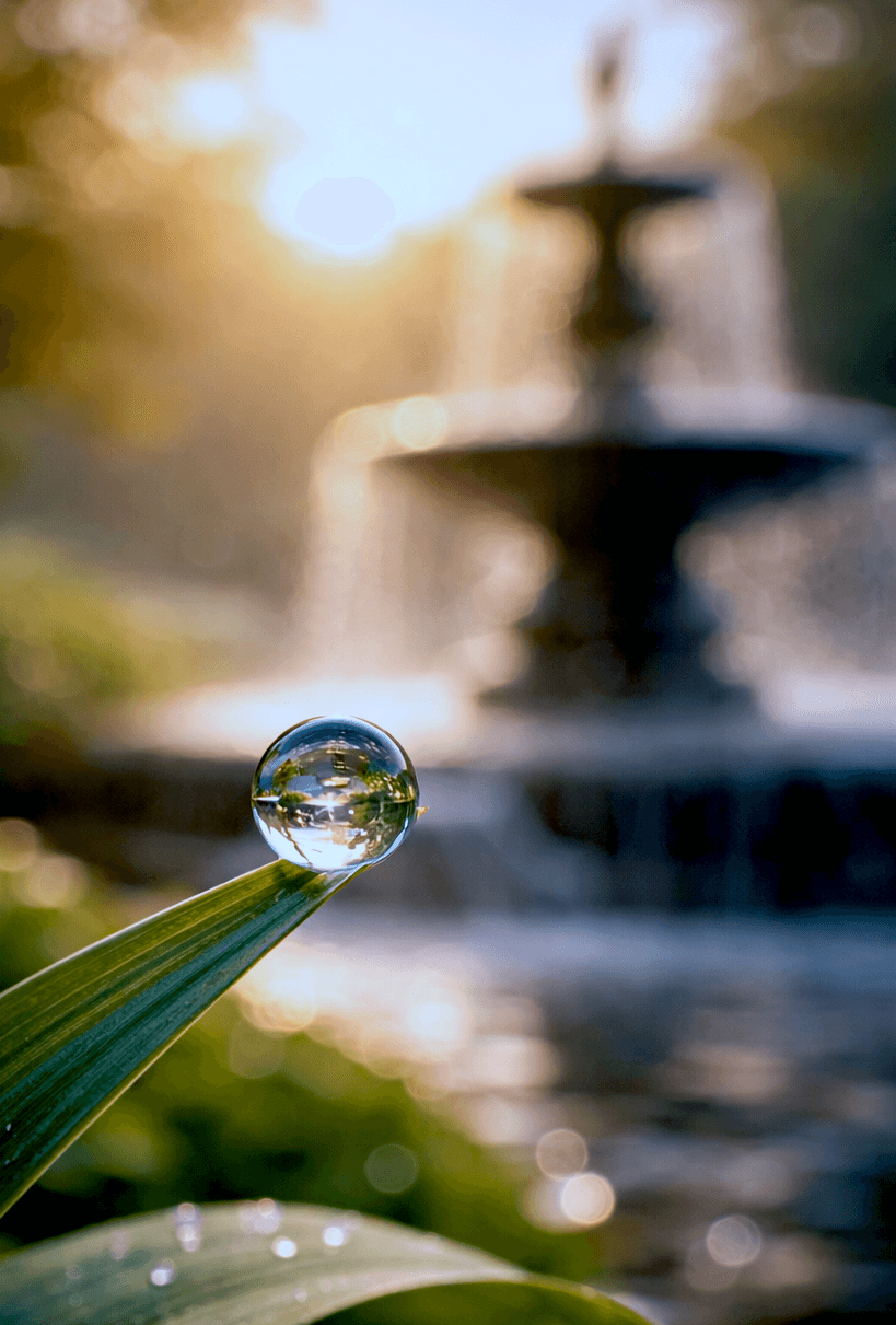 This image shows a macrovshot of a drop, crystal clear transparent; with a large blurred classic fountain background dissipating into gentle sunrise; symbolizing clear approach to mental health at Fountain Health NYC.