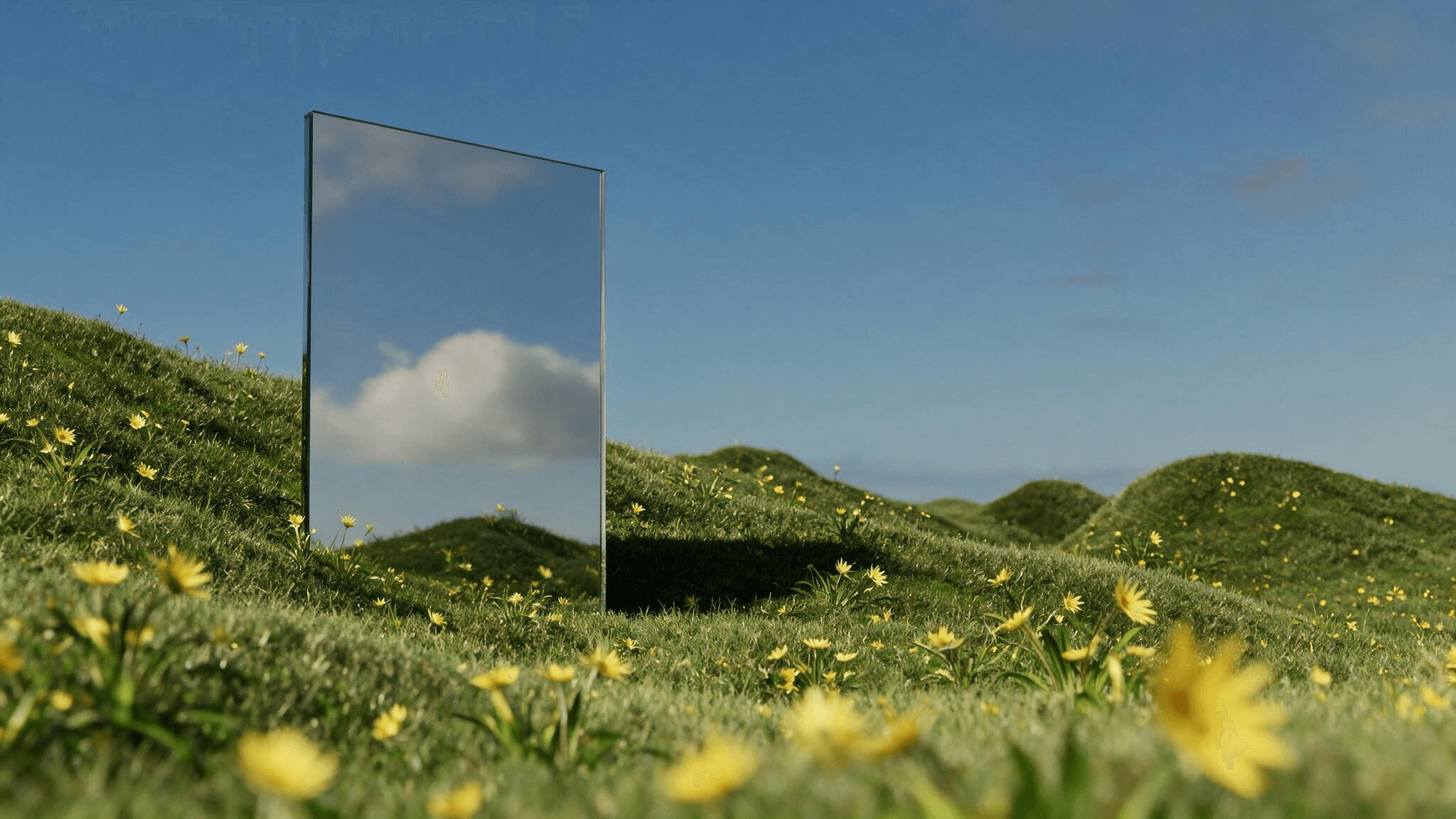 A mirror panel on the green mountain reflecting sky, grasses and peaks to exemplify a thoughtful reflection of broader mental health viewview