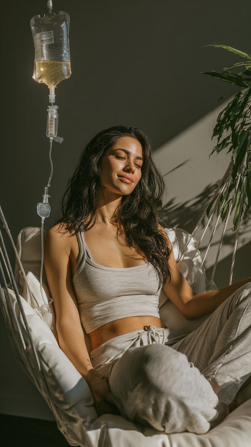 Relaxed young woman with eyes closed while receiving ketamine infusion in a comfortable clinical setting, calm supported and at ease..