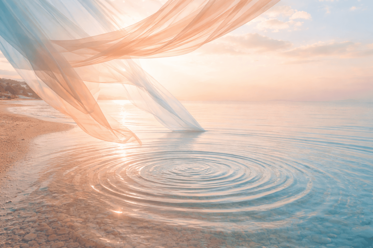 Translucent veil moving in warm coral and cool blue tones above tranquil water, with diffused light and soft concentric ripples.