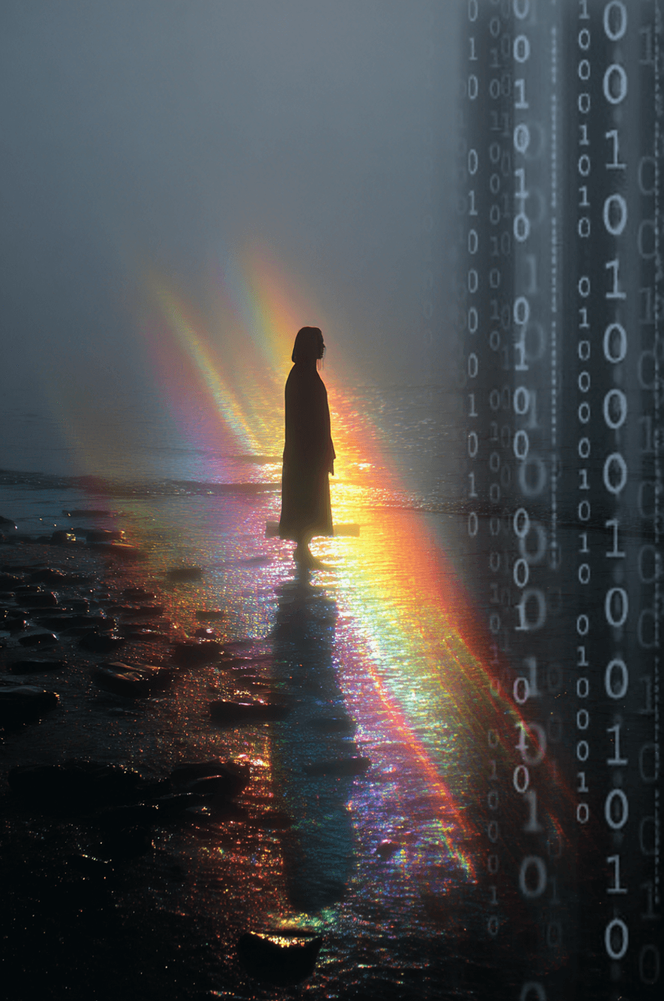 A woman standing in a spectrum of light overlaid with soft digital patterns, symbolizing the contrast between human connection and AI.