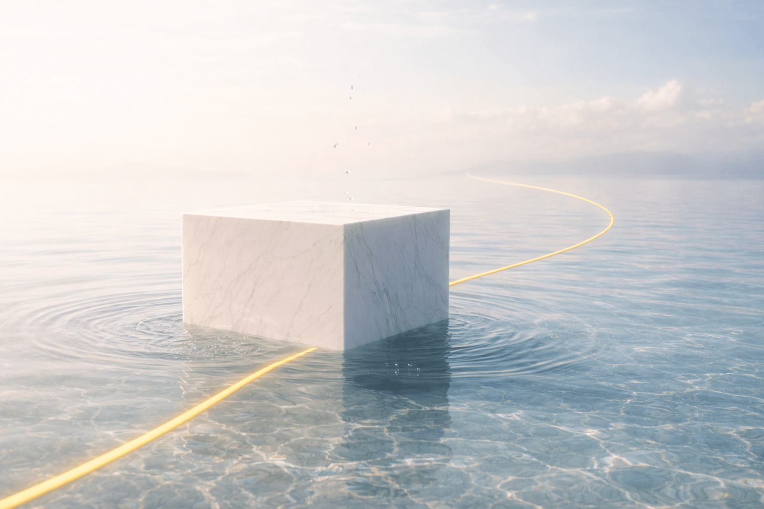 Abstract image of ocean water, transitioning into a clear, sunlit ocean in the foreground. A single elegant yellow line curves forward through the scene, symbolizing clarity, direction, and restored coherence.
