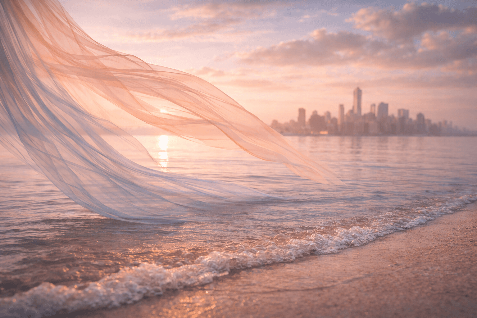Soft coral clouds above calm water with gentle concentric ripples and translucent veils moving in the wind toward a distant city on horizon.