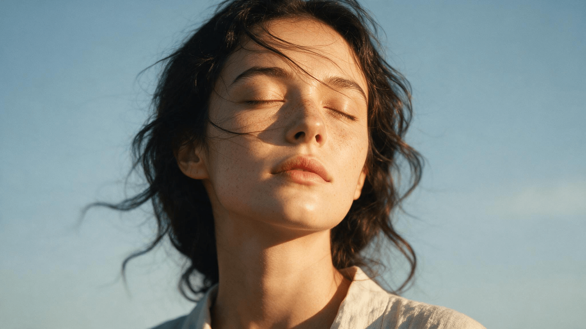 Woman resting with her eyes closed in soft daylight