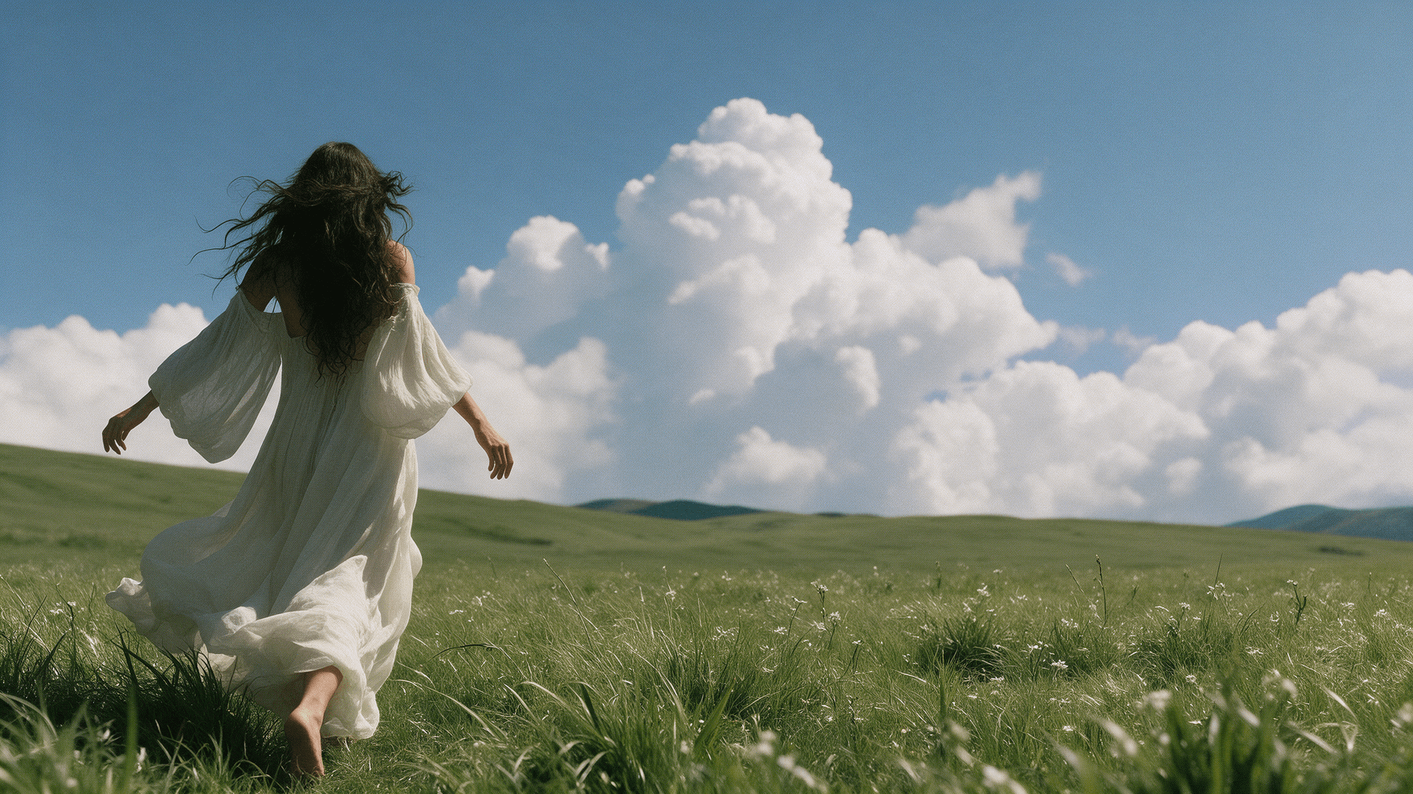 A happy healthy woman full of energy is running through a meadow