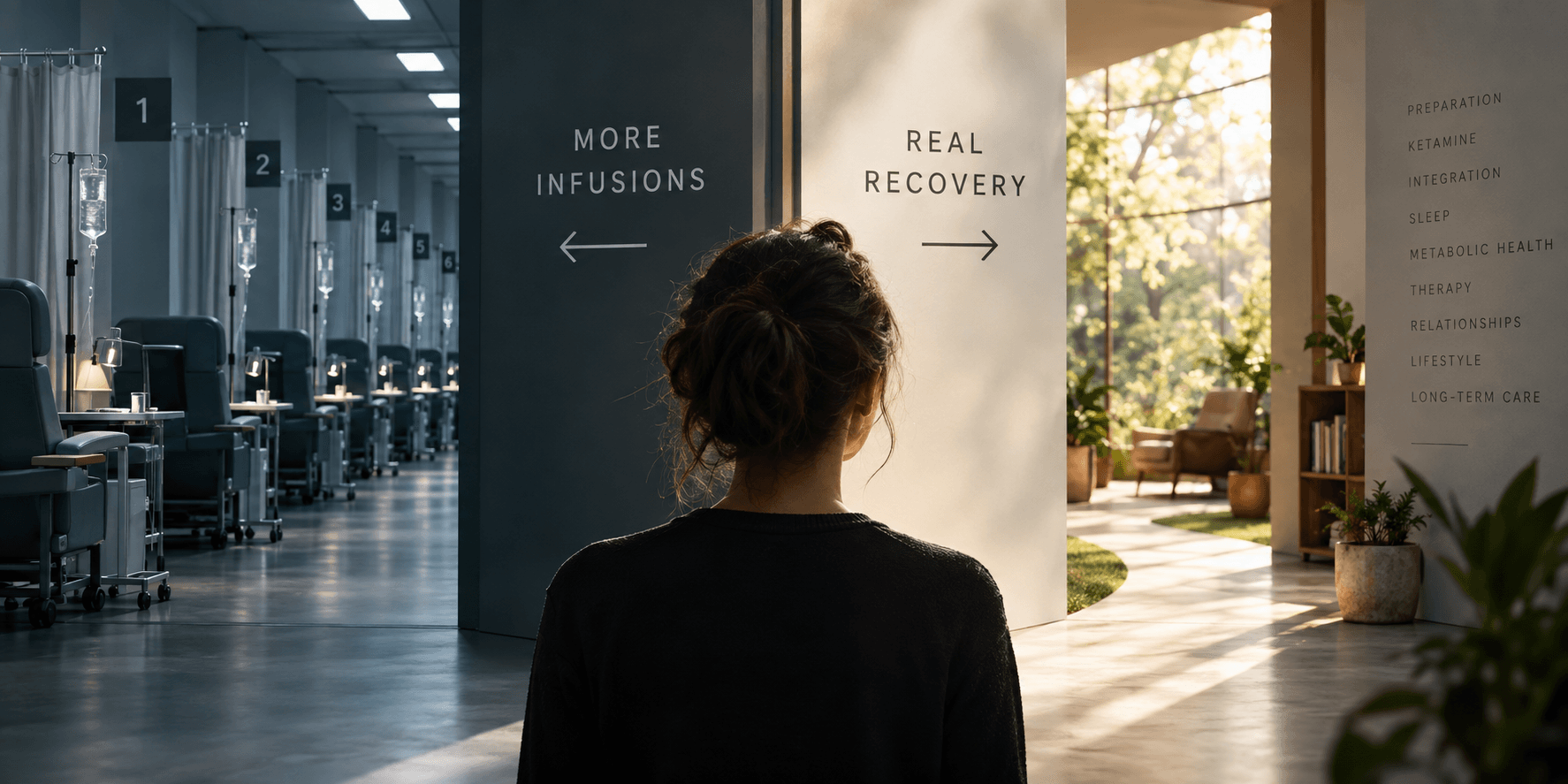 Patient receiving IV ketamine treatment in a modern mental health clinic, illustrating the tension between infusion-only care and comprehensive psychedelic treatment.